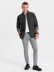 Koszula męska jeansowa na zatrzaski z kieszonkami - czarna V3. Czarne koszule męskie Ombre Clothing, l, bez wzorów, z bawełny, bez kołnierzyka, bez ramiączek. Za 169.99 zł.