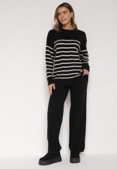 Czarny Komplet z Wełną i Bawełną Sweter w Paski i Szerokie Spodnie Neveena. Czarne spodnie materiałowe damskie Born2be, l, bez wzorów, z bawełny. Za 139.99 zł.