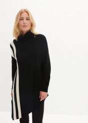 Sweter z dołem wyciętym w szpic. Czarne swetry damskie bonprix, bez wzorów, bez kołnierzyka, bez ramiączek, bez kaptura. Za 149.99 zł.