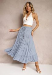Niebieska Wiskozowa Spódnica High Waist o Rozkloszowanym Kroju z Wiązaniem i Gumką w Talii Leceviana. Niebieskie spódnice damskie Renee, na lato, l, z aplikacjami, z wiskozy, eleganckie, z podwyższonym stanem, maxi, dopasowane. Za 89.99 zł.