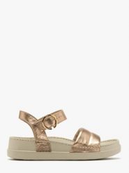 Platynowe sandały ze złotą sprzączką. Szare sandały damskie Ryłko, bez wzorów, ze skóry, bez obcasa, bez zapięcia. Za 259.99 zł.