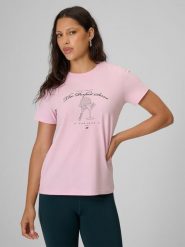 4F T-shirt regular z nadrukiem damski - różowy S. Czerwone koszulki sportowe damskie 4f, s, bez wzorów, z bawełny, bez kołnierzyka, bez ramiączek, tenisowe. Za 59.99 zł.