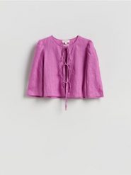 Lniana bluzka - fioletowy. Fioletowe bluzki damskie Reserved, l, bez wzorów, z tkaniny, bez kołnierzyka, bez ramiączek. Za 179.99 zł.