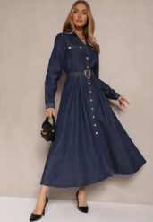 Granatowa Wiskozowa Sukienka Koszulowa z Bawełną Ozdobiona Paskiem Halanoria. Niebieskie sukienki damskie Renee, na spotkanie biznesowe, l, bez wzorów, z bawełny, eleganckie, bez kołnierzyka, bez ramiączek, midi, koszulowe. Za 249.99 zł.