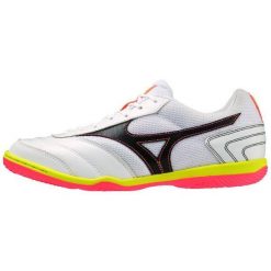 Buty piłkarskie Mizuno Morelia Sala Club IN white/black. Białe obuwie sportowe damskie Mizuno, bez wzorów, z gumy, do biegania. Za 159.99 zł.