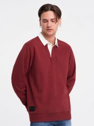 Bluza męska z białym kołnierzykiem polo - bordowa V3. Czerwone bluzy męskie Ombre Clothing, m, bez wzorów, z bawełny, bez kaptura. W wyprzedaży za 79.99 zł.