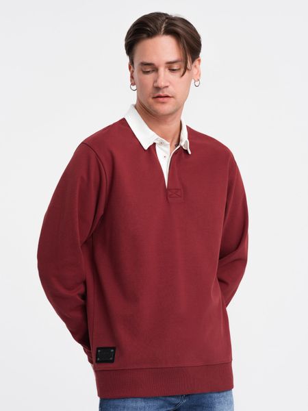 Bluza męska z białym kołnierzykiem polo - bordowa V3. Czerwone bluzy męskie Ombre Clothing, m, bez wzorów, z bawełny, bez kaptura. W wyprzedaży za 79.99 zł.