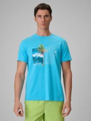 4F T-shirt regular z nadrukiem męski - niebieski XL. Niebieskie t-shirty męskie 4f, m, bez wzorów, z bawełny, klasyczne, bez kołnierzyka. Za 69.99 zł.