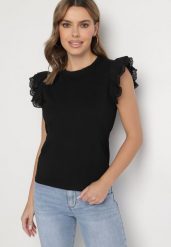 Czarny Top z Bawełny Ozdobiony Ażurowymi Rękawami Nalathiel. Czarne bluzki damskie Born2be, s, w ażurowe wzory, z bawełny, eleganckie, bez kołnierzyka, bez ramiączek. Za 39.99 zł.