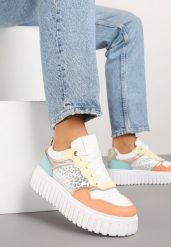 Biało-Pomarańczowe Sneakersy na Platformie z Tłoczeniem Ozdobione Panterką i Perforacją Udivaya. Białe obuwie sportowe damskie Renee, bez wzorów, z jeansu. Za 79.99 zł.
