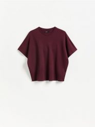 T-shirt oversize - ciemnofioletowy. Fioletowe t-shirty damskie Reserved, l, bez wzorów, z bawełny, bez kołnierzyka. Za 69.99 zł.
