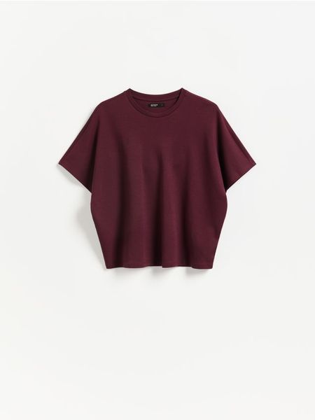 T-shirt oversize - ciemnofioletowy. Fioletowe t-shirty damskie Reserved, l, bez wzorów, z bawełny, bez kołnierzyka. Za 69.99 zł.