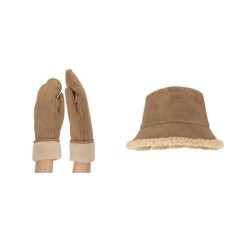 Rękawiczki damskie i kapelusz typu bucket zamszowe w kolorze piaskowym, rozmiar. Brązowe czapki i kapelusze damskie Sarlini, na jesień, bez wzorów, z materiału, eleganckie. Za 197.80 zł.