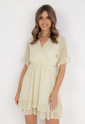 Żółta Sukienka Ambrasius. Żółte sukienki damskie Born2be, na imprezę, l, bez wzorów, bez kołnierzyka, bez ramiączek, mini, kopertowe. Za 29.99 zł.
