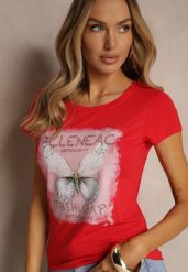 Czerwony T-shirt z Bawełny Ozdobiony Cyrkoniami i Motylem Uliadwena. Czerwone bluzki damskie Renee, s, bez wzorów, z bawełny, klasyczne, bez kołnierzyka, bez ramiączek. Za 39.99 zł.