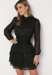 Czarna Elegancka Sukienka z Błyszczącymi Drobinkami i Falbankami Tinaria. Czarne sukienki damskie Born2be, l, bez wzorów, eleganckie, bez kołnierzyka, bez ramiączek, mini. Za 139.99 zł.