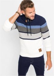 Sweter z grubej dzianiny, z kołnierzem kominem, z czystej bawełny. Niebieskie swetry przez głowę męskie bonprix, m, bez wzorów, z bawełny, bez kołnierzyka. Za 149.99 zł.