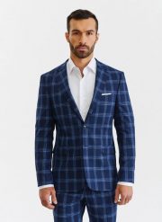 PAKO LORENTE – Granatowa marynarka garniturowa w niebieską kratę. Niebieskie marynarki męskie Pako Lorente, bez wzorów, z elastanu. Za 399.99 zł.