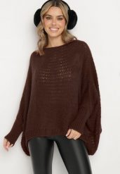 Brązowy Luźny Sweter w Stylu Ponczo Kossela. Brązowe swetry damskie Born2be, bez wzorów, z jeansu, wizytowe, bez kołnierzyka, bez ramiączek, bez kaptura. Za 89.99 zł.