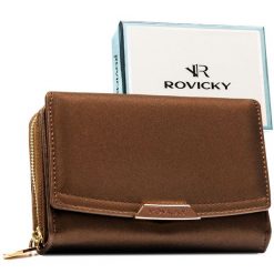 Brązowy portfel damski ze skóry ekologicznej wyposażony w system RFID - Rovicky. Brązowe portfele damskie ROVICKY, bez wzorów, ze skóry ekologicznej. Za 79.99 zł.