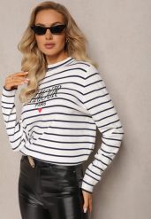 Biały Sweter Golf w Paski z Ozdobnym Haftem Olylla. Białe swetry damskie Renee, bez wzorów, z dzianiny, casualowe, bez kołnierzyka, bez ramiączek, długie, bez kaptura. Za 119.99 zł.