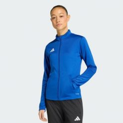 Bluza dresowa Entrada26. Niebieskie bluzy damskie Adidas, bez wzorów, z dresówki, bez kaptura. Za 121.99 zł.