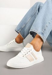 Beżowo-Białe Tenisówki z Ozdobnymi Paskami Naviritte. Brązowe trampki i tenisówki damskie Born2be, bez wzorów, klasyczne, bez zapięcia. Za 59.99 zł.
