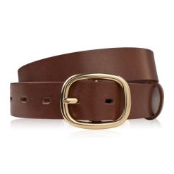 Pasek damski skórzany 110 cm do spodni brązowy licowy ze złotą klamrą PG-15-TBZ-110. Brązowe paski damskie bez wzorów, z materiału, eleganckie. Za 54.00 zł.