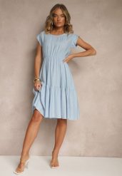 Jasnoniebieska Rozkloszowana Sukienka z Wiskozy Linurea. Niebieskie sukienki damskie Renee, na co dzień, bez wzorów, z wiskozy, eleganckie, bez kołnierzyka, bez ramiączek, midi, rozkloszowane. Za 59.99 zł.