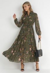 Ciemnozielona Sukienka Plisowana w Kwiaty Curlina. Zielone sukienki damskie Born2be, l, bez wzorów, bez kołnierzyka, bez ramiączek, maxi, plisowane. Za 159.99 zł.