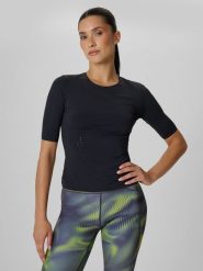 4F Koszulka treningowa slim szybkoschnąca damska - czarna S. Czarne t-shirty damskie 4f, s, bez wzorów, sportowe, bez kołnierzyka. Za 129.99 zł.
