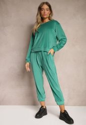 Zielony Komplet Dresowy z Weluru Luźna Bluza z Dekoltem w V i Elastyczne Spodnie z Kieszeniami Esparkia. Zielone bluzy damskie Renee, l, bez wzorów, z dresówki, bez kaptura. Za 89.99 zł.