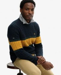 Superdry Sweter warkoczowy z organicznej bawełny — Eclipse Navy/Track Gold. Żółte swetry przez głowę męskie Superdry., xl, z aplikacjami, z bawełny, bez kołnierzyka. Za 336.85 zł.