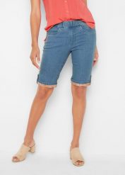 Bermudy jeansowe z kolorowym wywinięciem, z mieszanki bawełny. Niebieskie szorty damskie bonprix, na lato, bez wzorów, z bawełny. Za 59.99 zł.