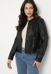 Czarna Kurtka Ramoneska w Motocyklowym Stylu ze Stójką i Napami Talirina. Czarne kurtki damskie Born2be, s, bez wzorów, z jeansu, bez kaptura. Za 64.99 zł.