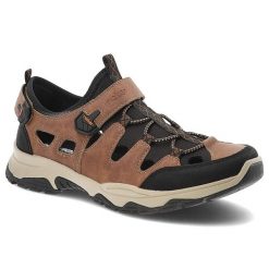 Brązowe Sandały Rieker Eleganckie Obuwie Męskie. Brązowe eleganckie półbuty Rieker, na lato, z materiału, eleganckie, bez zapięcia. Za 399.00 zł.