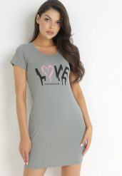 Ciemnozielona Bawełniana Sukienka T-shirtowa z Napisem Avera. Zielone sukienki damskie Born2be, m, bez wzorów, z bawełny, bez kołnierzyka, bez ramiączek, mini. Za 19.99 zł.