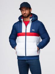Kolorowa sportowa męska kurtka w stylu retro niebiesko-biała V1 OM-JALP-0296 S. Białe kurtki sportowe męskie Ombre, m, bez wzorów. Za 574.89 zł.