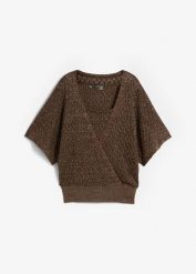 Sweter ażurowy z połyskiem. Brązowe swetry damskie bonprix, w ażurowe wzory, bez kołnierzyka, bez ramiączek, bez kaptura. Za 114.99 zł.