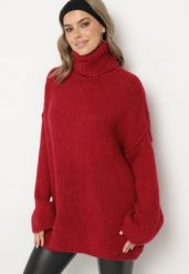 Bordowy Golf Oversize z Dzianiny z Wełną i Moherem Temittes. Czerwone swetry damskie Born2be, bez wzorów, z dzianiny, eleganckie, bez kołnierzyka, bez ramiączek, długie, bez kaptura. Za 169.99 zł.