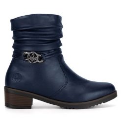 Botki Rieker. Niebieskie botki damskie Rieker, bez obcasa, na słupku, bez zapięcia. Za 295.00 zł.