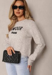 Jasnoszary Sweter o Klasycznym Kroju z Haftowanym Napisem Zoyass. Szare swetry damskie Renee, m, bez wzorów, casualowe, bez kołnierzyka, bez ramiączek, bez kaptura. Za 119.99 zł.