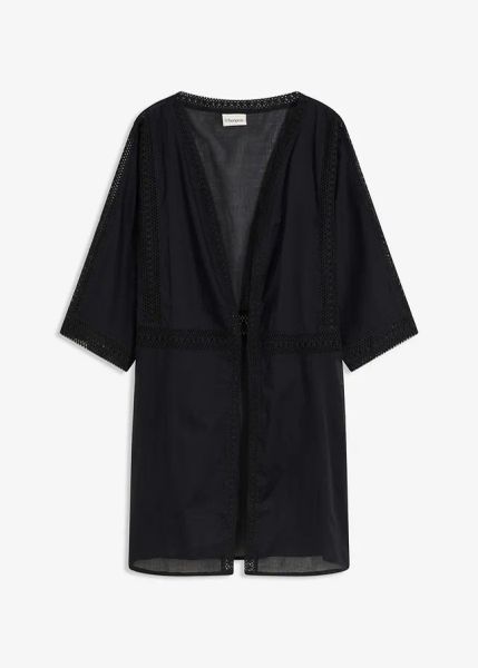 Kimono plażowe z koronką. Czarne żakiety damskie bonprix, bez wzorów, z koronki. Za 112.99 zł.