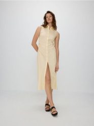 Sukienka midi z kołnierzykiem - jasnożółty. Żółte sukienki damskie Reserved, l, bez wzorów, z bawełny, bez kołnierzyka, bez ramiączek, midi, dopasowane. W wyprzedaży za 59.99 zł.