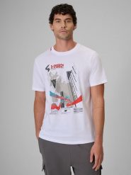 4F T-shirt regular z nadrukiem męski - biały XXL. Białe koszulki sportowe męskie 4f, m, bez wzorów, z bawełny, klasyczne, bez kołnierzyka. Za 79.99 zł.