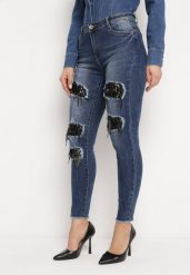 Granatowe Jeansy Skinny z Dziurami Ozdobionymi Cyrkoniami Neeron. Niebieskie jeansy damskie Born2be. Za 64.99 zł.