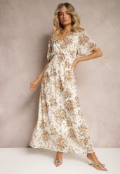 Beżowa Sukienka Kopertowa z Krótkim Rękawem Wiązana z Tyłu z Gumką w Talii Cristola. Brązowe sukienki damskie Renee, l, bez wzorów, eleganckie, bez kołnierzyka, bez ramiączek, maxi, kopertowe. Za 74.99 zł.