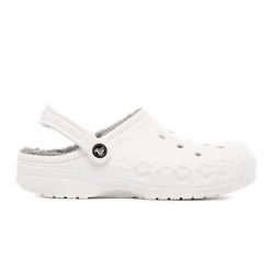 Buty do chodzenia damskie Crocs Baya Lined Clog. Białe klapki damskie Crocs, bez wzorów, z materiału, do pływania. Za 211.80 zł.