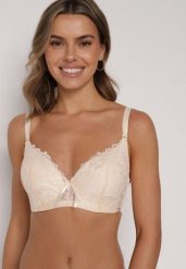 Beżowy Koronkowy Biustonosz z Kokardką Nealenia. Brązowe biustonosze Born2be, bez wzorów, z koronki. Za 39.99 zł.