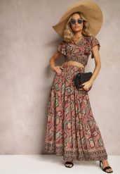 Czarno-Bordowy Wiskozowy Komplet 2-Częściowy w Print Paisley Długa Spódnica i Kopertowy Top Aeodosia. Czarne spódnice damskie Renee, s, bez wzorów, z materiału, maxi, kopertowe. Za 89.99 zł.